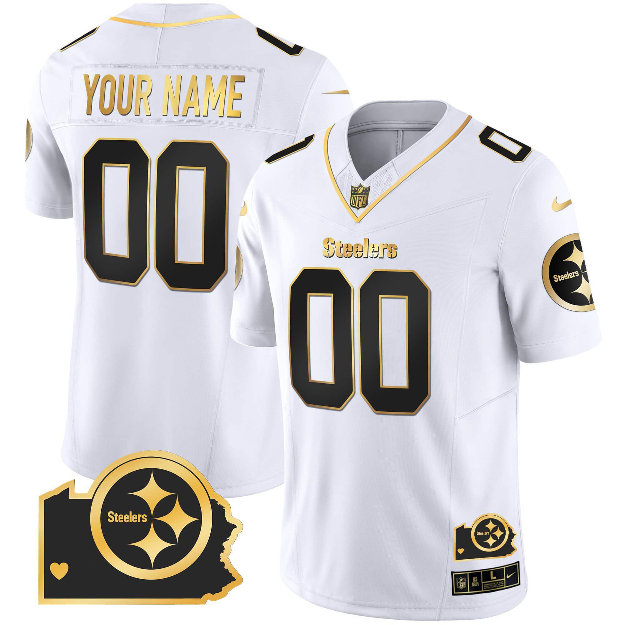 Men Pittsburgh Steelers White Gold 2024 Nike Home Patch Vapor Limited Custom NFL Jersey